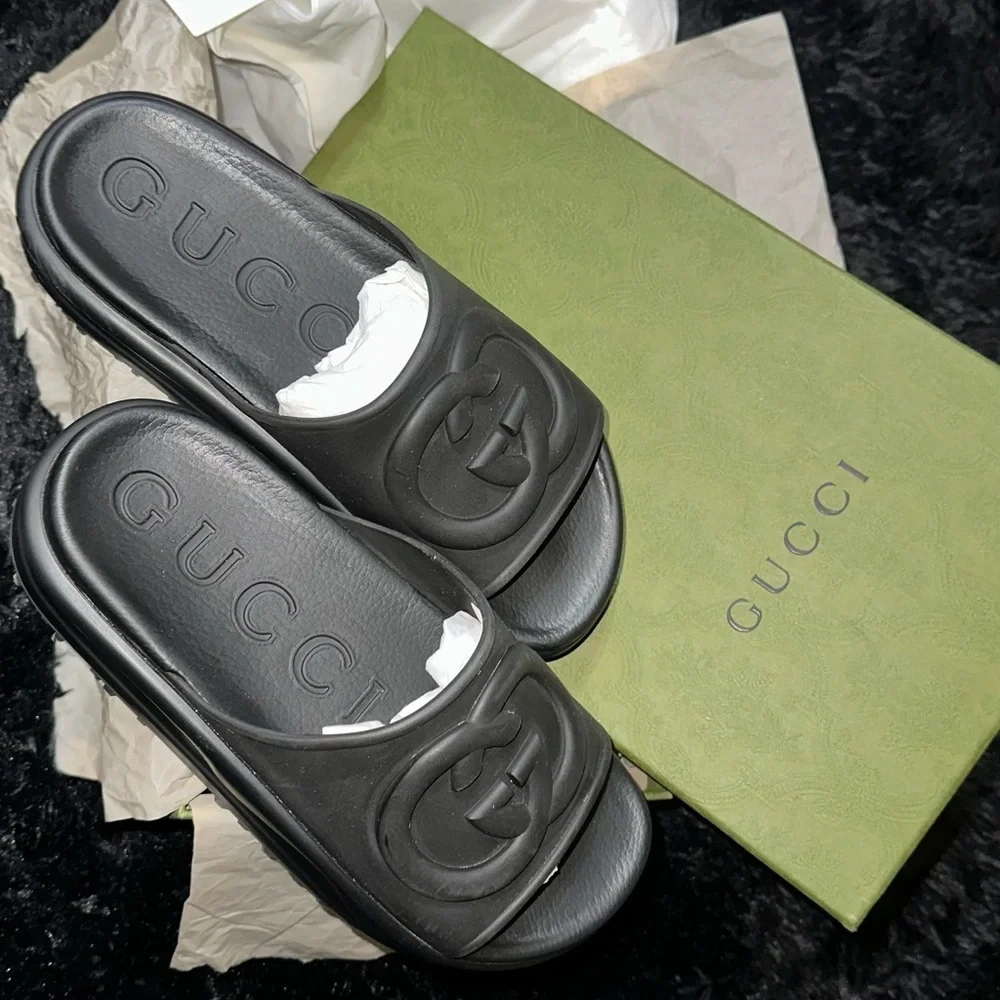 Gucci Interlocking G Logo Black Platform Slides